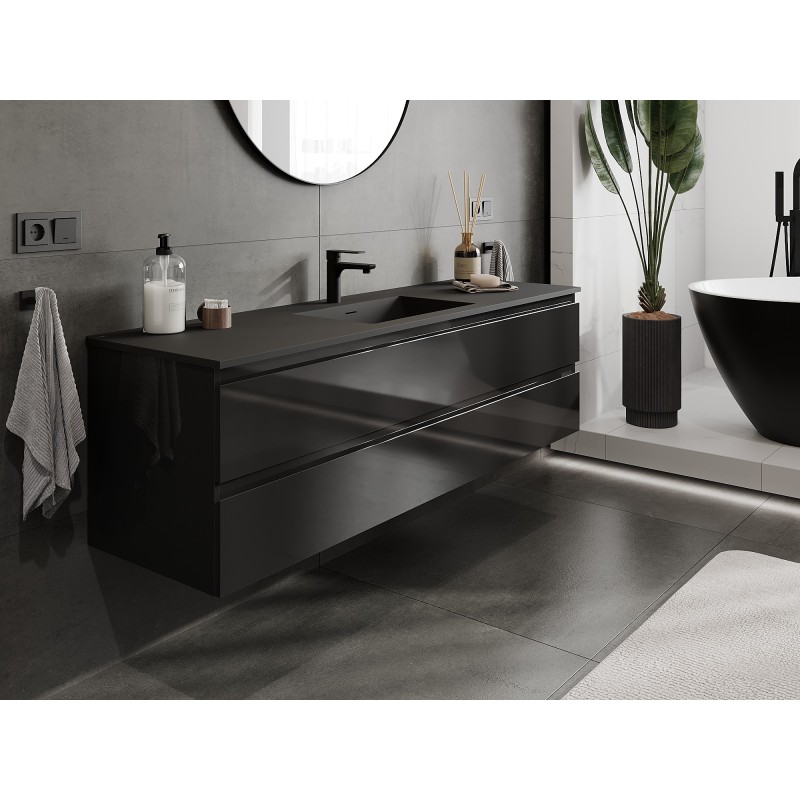 Mexen Orio bathroom cabinet 160 cm with Otis washbasin, 2 drawers, black gloss/black matte - 91A10-16047-2-BFF70-W18M71