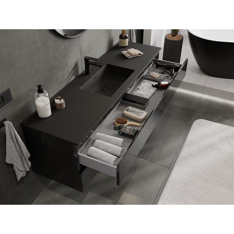 Mexen Orio bathroom cabinet 160 cm with Otis washbasin, 2 drawers, black gloss/black matte - 91A10-16047-2-BFF70-W18M71