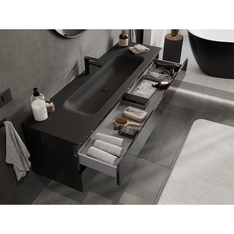 Mexen Orio 160 cm bathroom cabinet with sink Vela, 2 drawers, black gloss/black matte - 91A10-16047-2-BFF70-W23M71