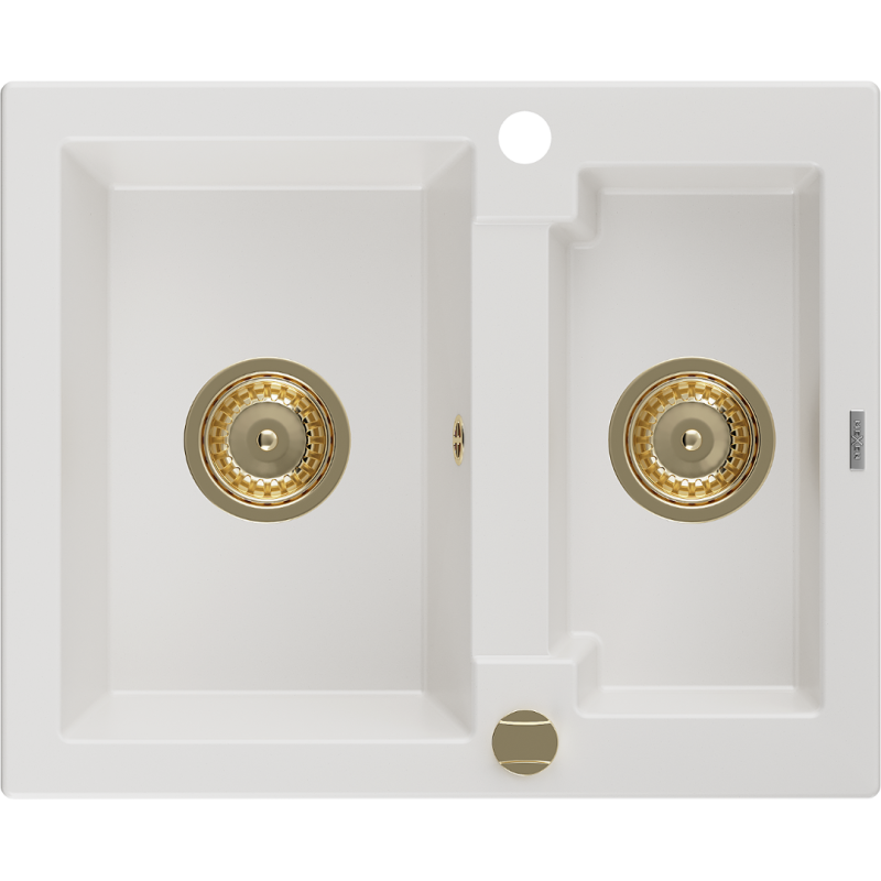 Mexen Carlos granite sink 1.5-bowl 582 x 475 mm, white, gold siphon - 6518581500-20-G
