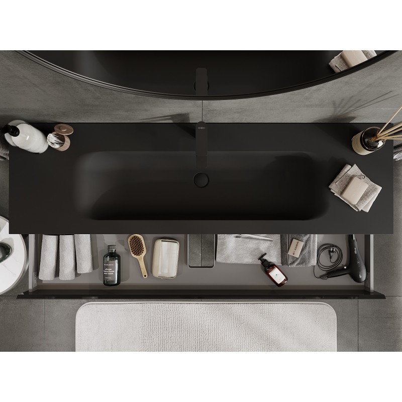 Mexen Orio bathroom cabinet 160 cm with Vela washbasin, 2 drawers, black gloss/black matt - 91A10-16047-2-BFF70-W23M71