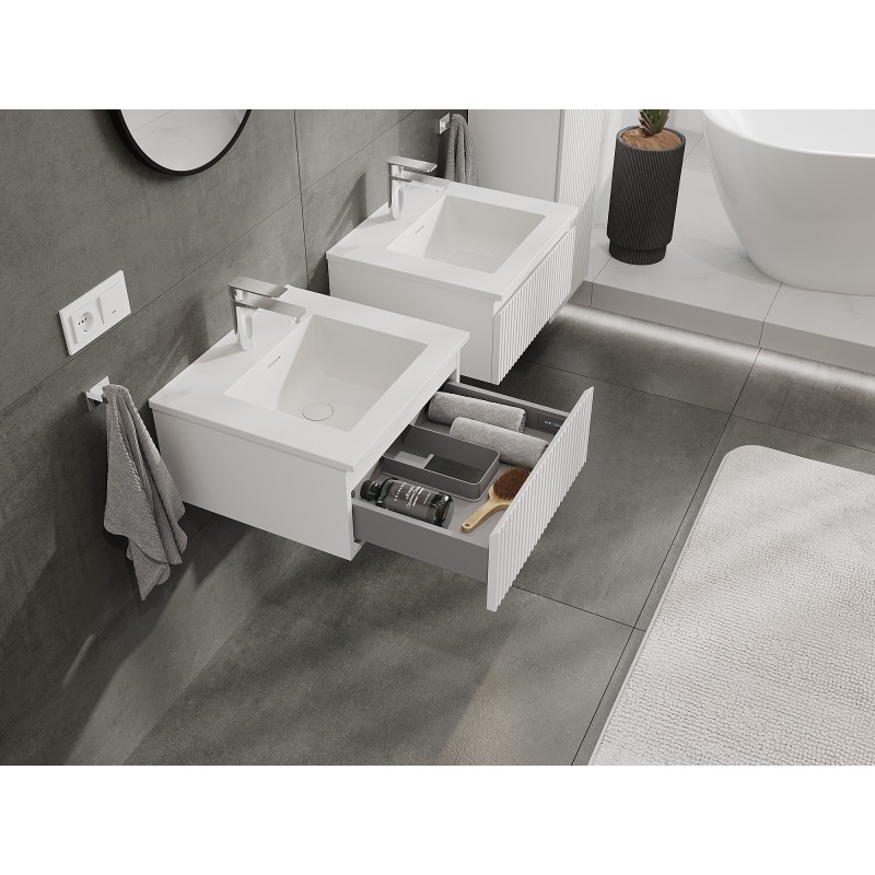 Mexen Rivel bathroom cabinet 50 cm with Otis washbasin, 1 drawer, fluted, white matt - 91A20-05023-1-BF01-W18M01