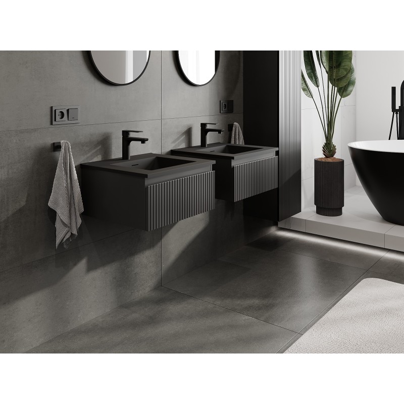 Mexen Rivel bathroom cabinet 50 cm with Otis sink, 1 drawer, grooved, black matte - 91A20-05023-1-BF71-W18M71