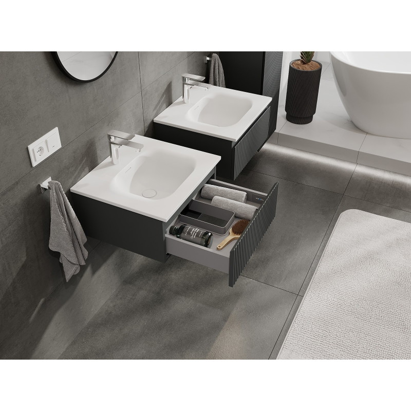 Mexen Rivel bathroom cabinet 50 cm with Vela sink, 1 drawer, fluted, graphite matte/white matte - 91A20-05023-1-BF66-W23M01