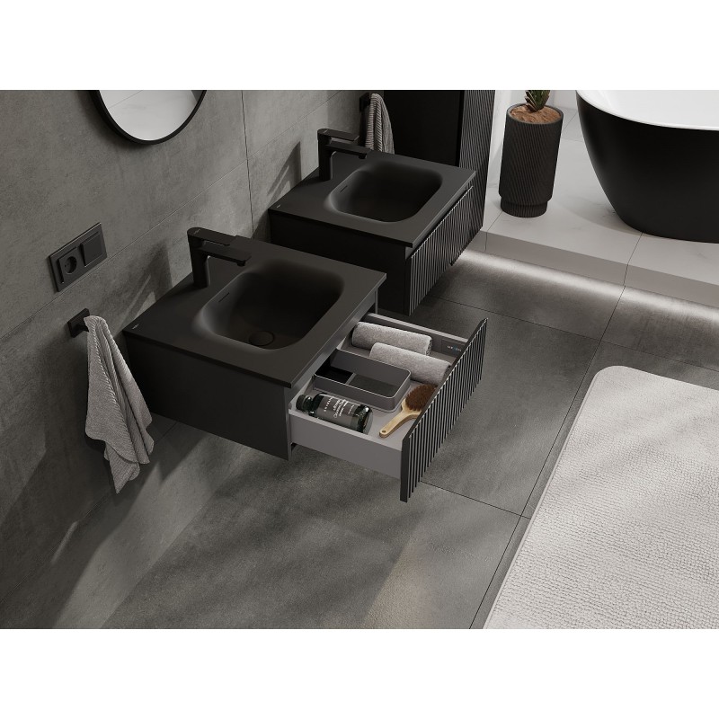 Mexen Rivel bathroom cabinet 50 cm with Vela basin, 1 drawer, fluted, black matte - 91A20-05023-1-BF71-W23M71