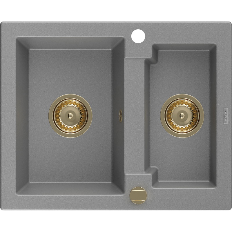 Mexen Carlos 1.5-bowl granite sink 582 x 475 mm, gray, gold siphon - 6518581500-71-G