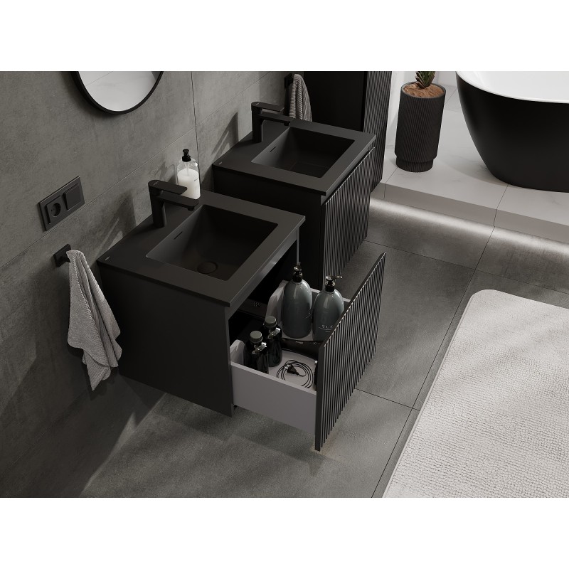 Mexen Rivel 50 cm Bathroom Cabinet with Otis Sink, 1 Drawer, Grooved, Black Matte - 91A20-05047-1-BF71-W18M71