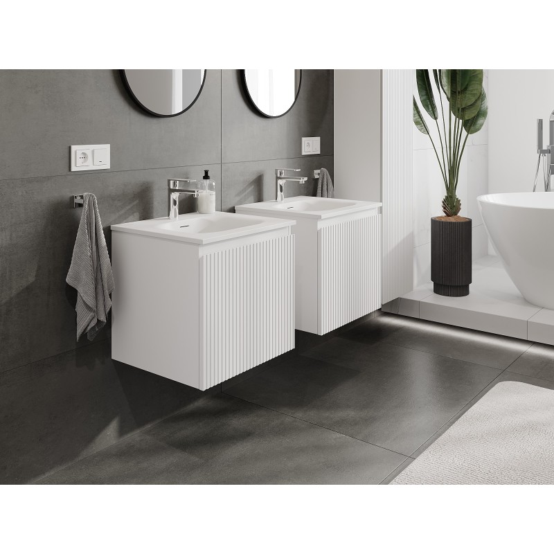 Mexen Rivel 50 cm bathroom cabinet with Vela washbasin, 1 drawer, fluted, white matte - 91A20-05047-1-BF01-W23M01