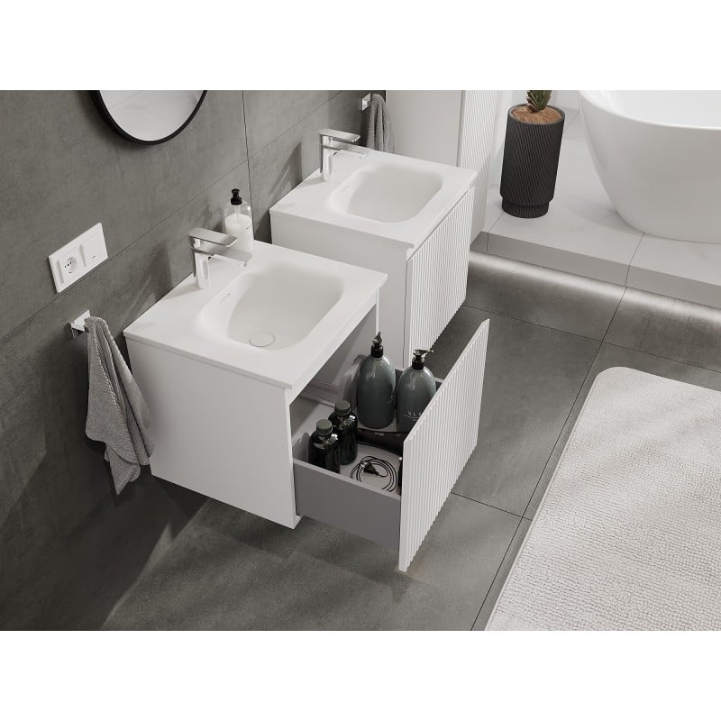 Mexen Rivel 50 cm bathroom cabinet with Vela washbasin, 1 drawer, fluted, white matte - 91A20-05047-1-BF01-W23M01