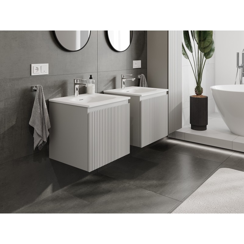 Mexen Rivel bathroom cabinet 50 cm with Vela washbasin, 1 drawer, grooved, grey matt/white matt - 91A20-05047-1-BF62-W23M01