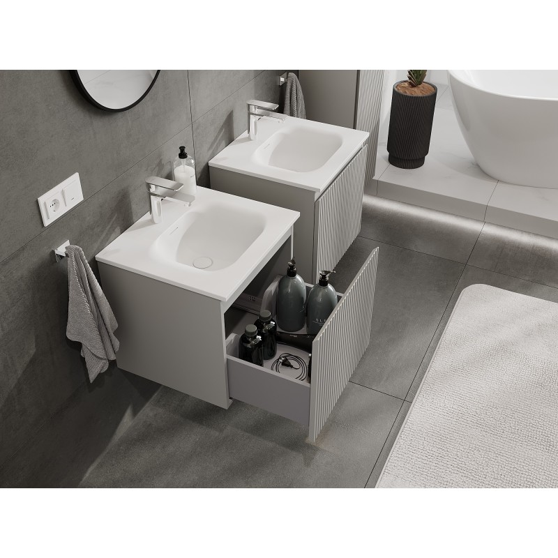 Mexen Rivel bathroom cabinet 50 cm with Vela washbasin, 1 drawer, grooved, grey matt/white matt - 91A20-05047-1-BF62-W23M01