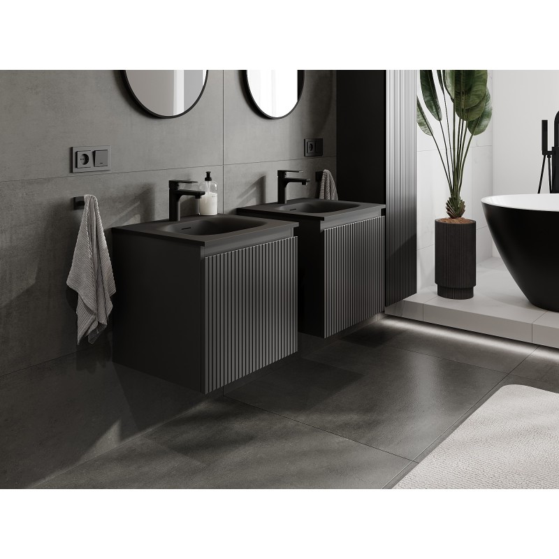 Mexen Rivel 50 cm Bathroom Cabinet with Vela Sink, 1 Drawer, Grooved, Black Matte - 91A20-05047-1-BF71-W23M71
