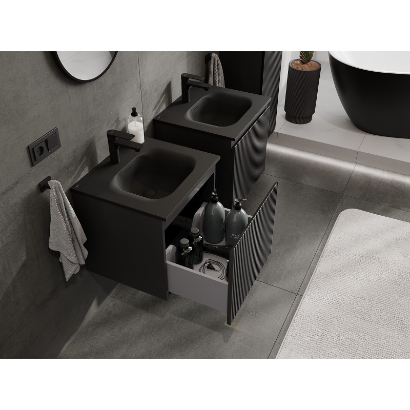 Mexen Rivel 50 cm Bathroom Cabinet with Vela Sink, 1 Drawer, Grooved, Black Matte - 91A20-05047-1-BF71-W23M71