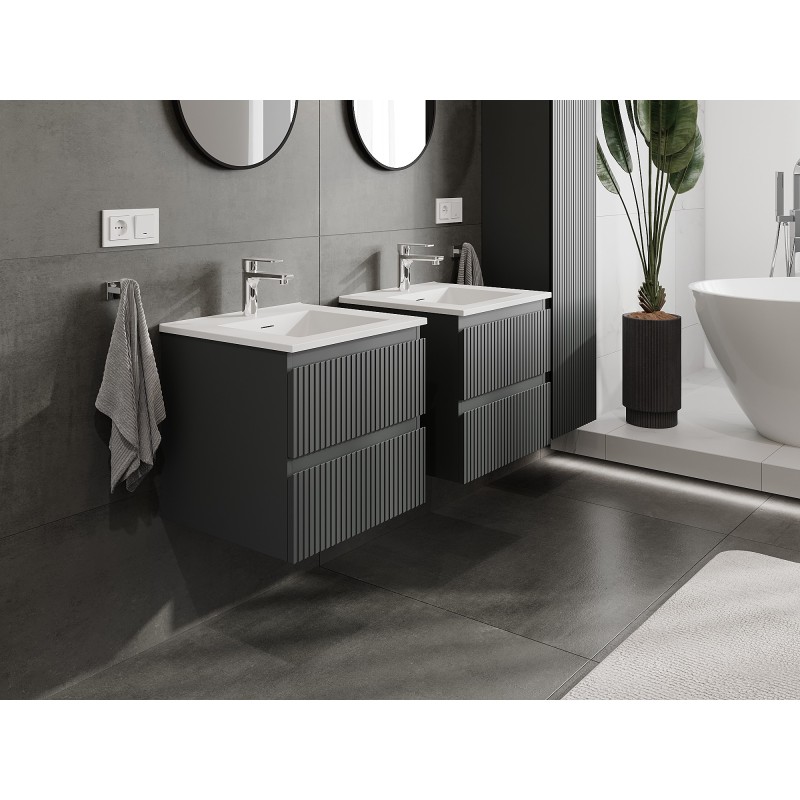 Mexen Rivel bathroom cabinet 50 cm with Otis sink, 2 drawers, fluted, graphite matte/white matte - 91A20-05047-2-BFF66-W18M01