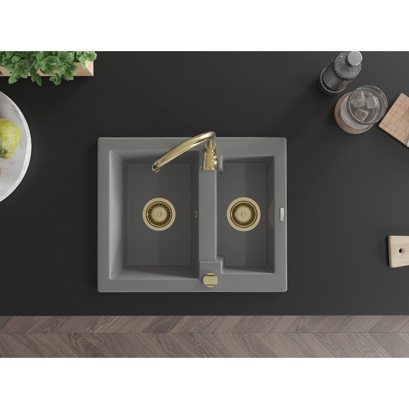 Mexen Carlos granite sink 1.5-bowl 582 x 475 mm, gray, golden siphon - 6518581500-71-G