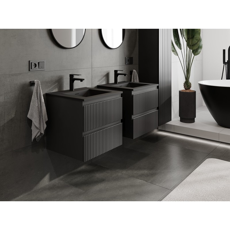 Mexen Rivel bathroom cabinet 50 cm with Otis basin, 2 drawers, ribbed, black matt - 91A20-05047-2-BFF71-W18M71