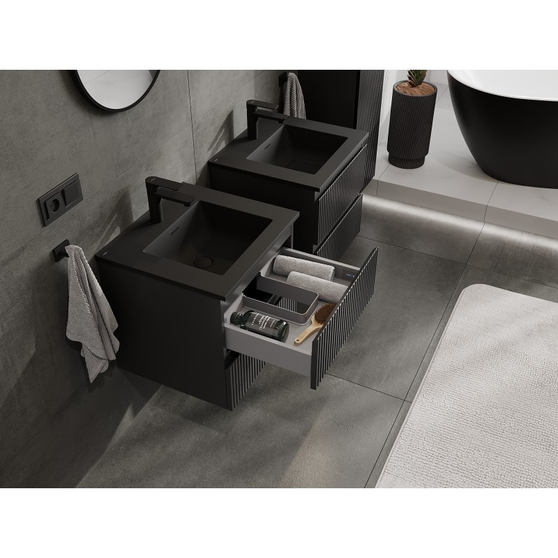 Mexen Rivel bathroom cabinet 50 cm with Otis basin, 2 drawers, ribbed, black matt - 91A20-05047-2-BFF71-W18M71