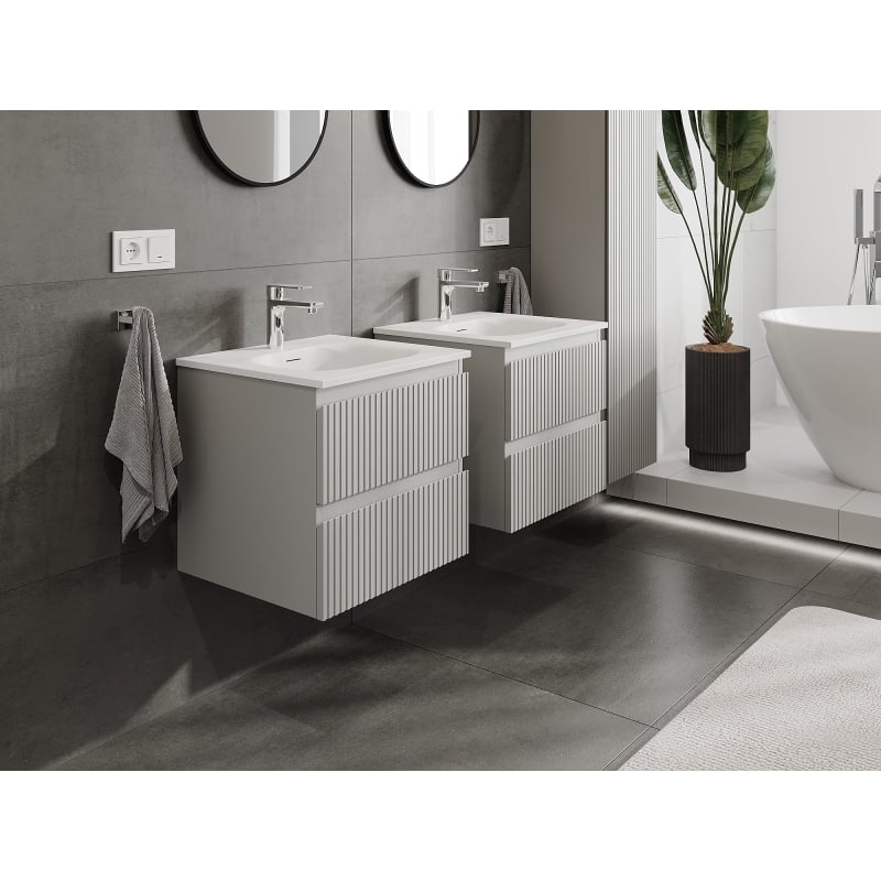 Mexen Rivel 50 cm bathroom cabinet with Vela sink, 2 drawers, grooved, gray matte/white matte - 91A20-05047-2-BFF62-W23M01