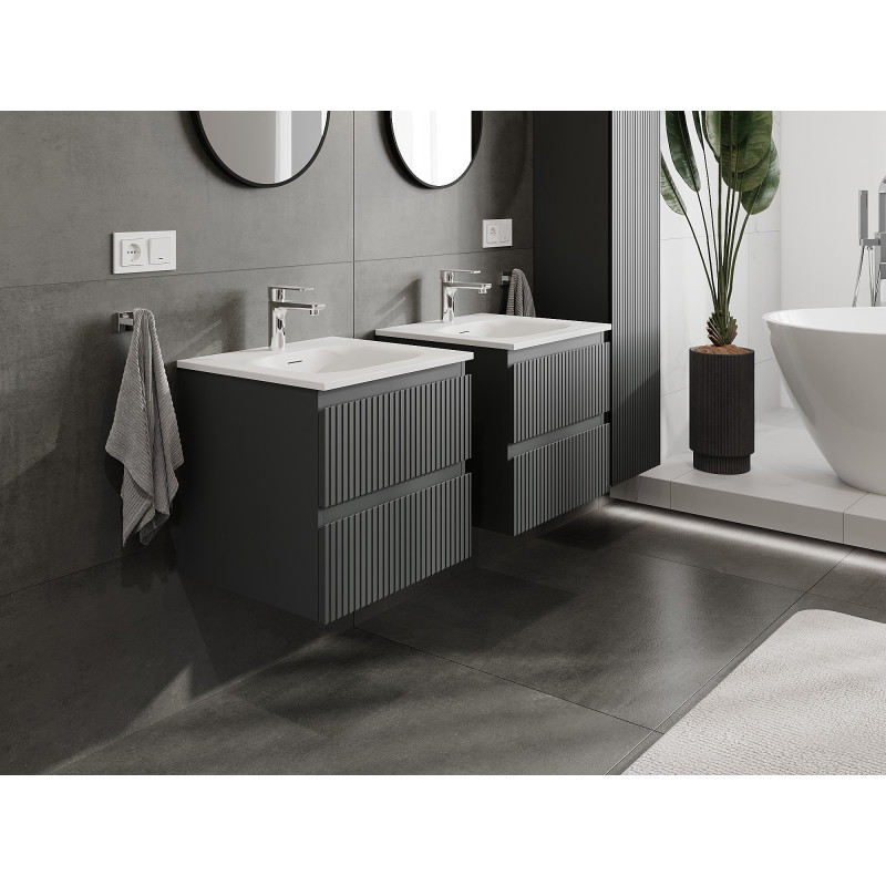 Mexen Rivel 50 cm Bathroom Cabinet with Vela Sink, 2 Drawers, Fluted, Matte Graphite/Matte White - 91A20-05047-2-BFF66-W23M01