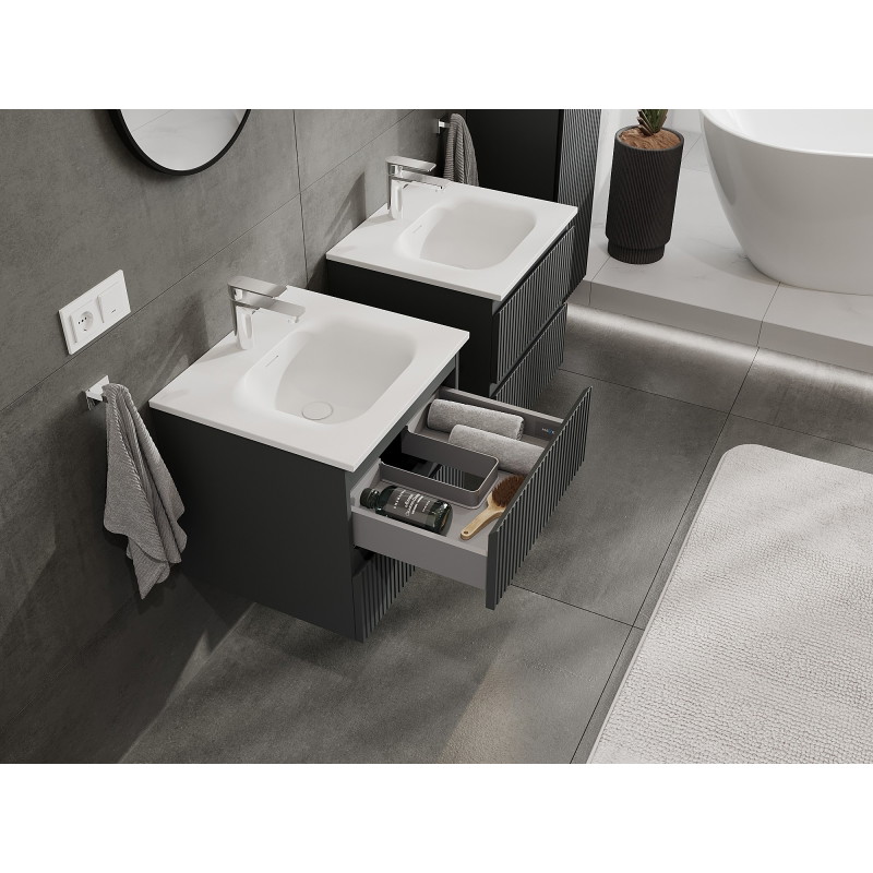 Mexen Rivel 50 cm Bathroom Cabinet with Vela Sink, 2 Drawers, Fluted, Matte Graphite/Matte White - 91A20-05047-2-BFF66-W23M01