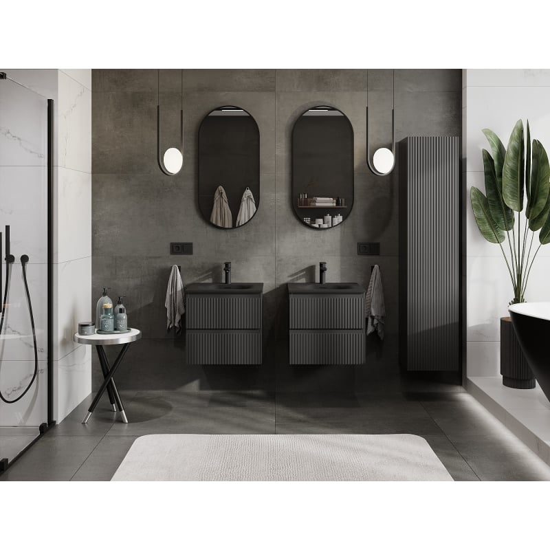 Mexen Rivel bathroom cabinet 50 cm with Vela sink, 2 drawers, ribbed, matte black - 91A20-05047-2-BFF71-W23M71