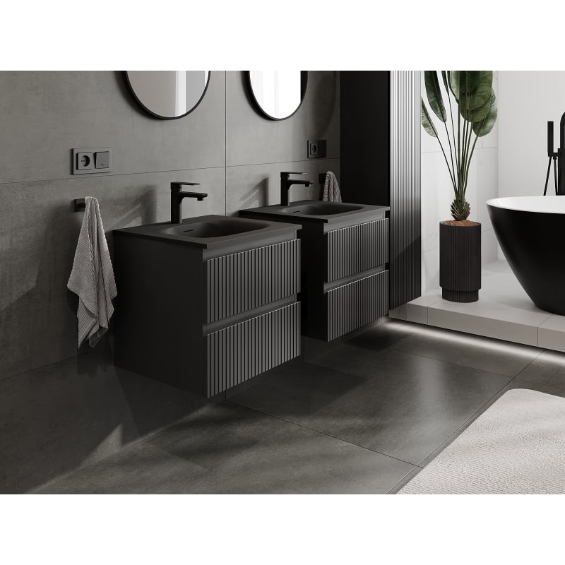 Mexen Rivel bathroom cabinet 50 cm with Vela sink, 2 drawers, ribbed, matte black - 91A20-05047-2-BFF71-W23M71