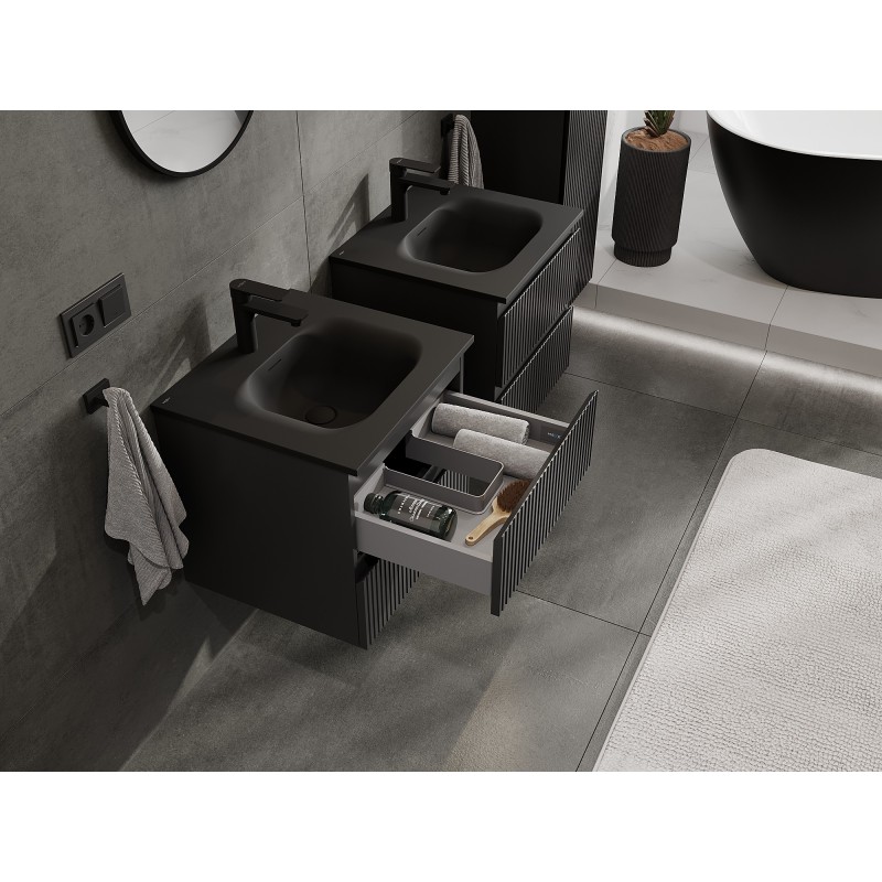 Mexen Rivel 50 cm Bathroom Cabinet with Vela Basin, 2 Drawers, Grooved, Black Matte - 91A20-05047-2-BFF71-W23M71