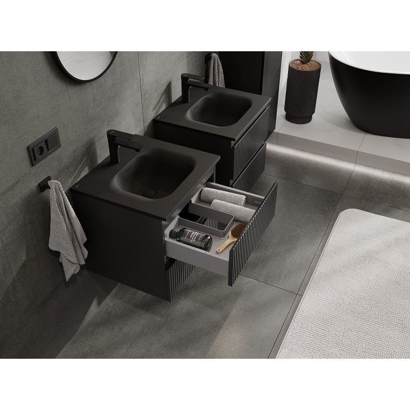 Mexen Rivel bathroom cabinet 50 cm with Vela sink, 2 drawers, ribbed, matte black - 91A20-05047-2-BFF71-W23M71
