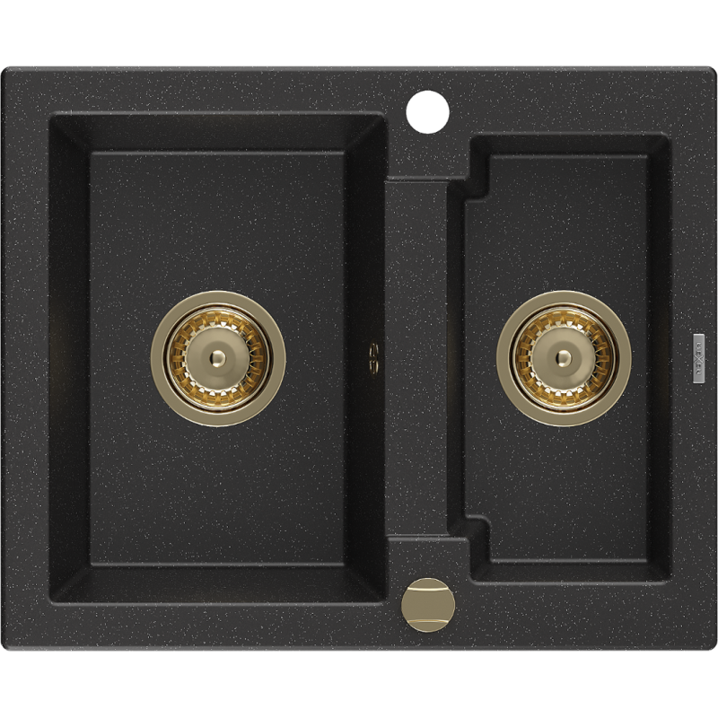 Mexen Carlos 1.5-compartment granite sink 582 x 475 mm, Black/Silver metallic, siphon Gold - 6518581500-73-G