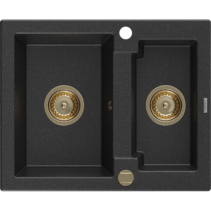 Mexen Carlos granite sink 1.5-bowl 582 x 475 mm, black/silver metallic, gold siphon - 6518581500-73-G