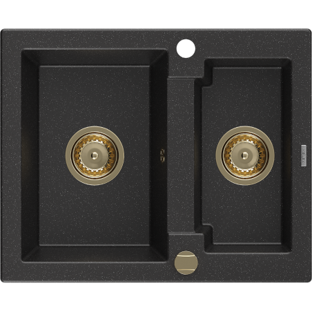 Mexen Carlos granite sink 1.5-bowl 582 x 475 mm, black/silver metallic, gold siphon - 6518581500-73-G