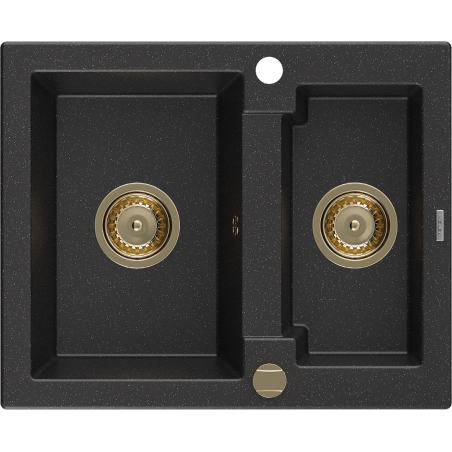 Mexen Carlos granite sink 1.5-bowl 582 x 475 mm, black/silver metallic, golden siphon - 6518581500-73-G