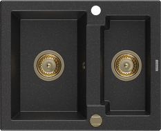 Mexen Carlos 1.5-compartment granite sink 582 x 475 mm, Black/Silver metallic, siphon Gold - 6518581500-73-G