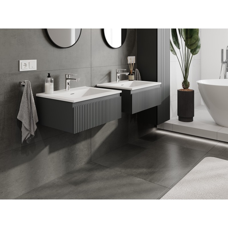 Mexen Rivel bathroom cabinet 60 cm with Otis washbasin, 1 drawer, fluted, graphite matt/white matt - 91A20-06023-1-BF66-W18M01