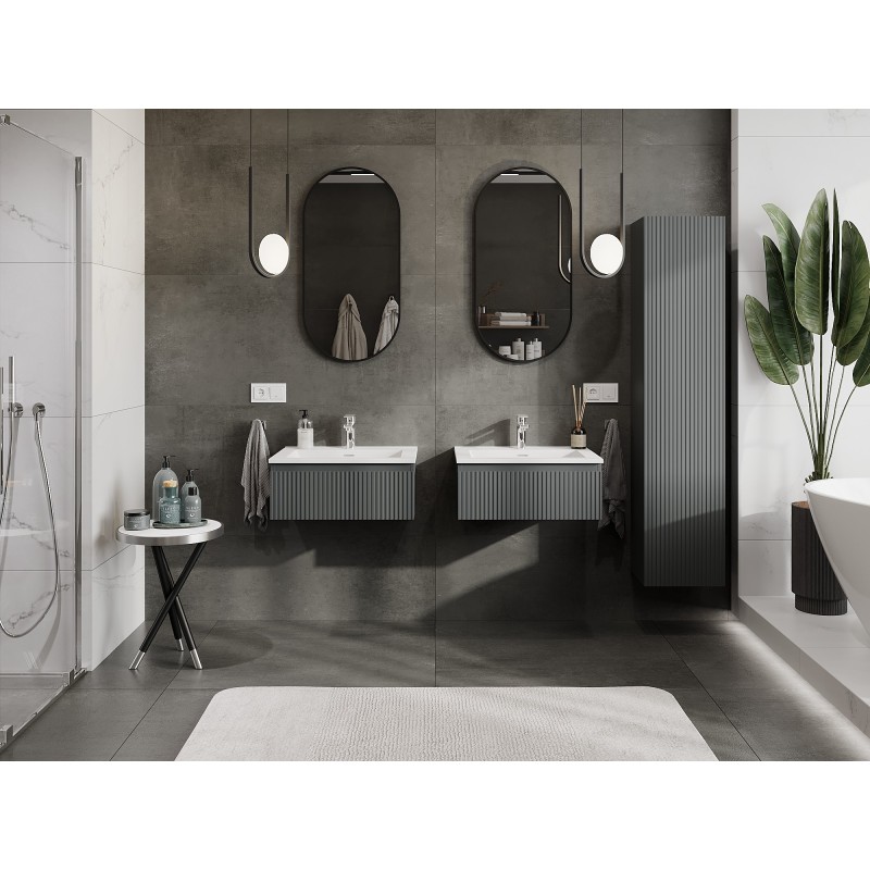 Mexen Rivel bathroom cabinet 60 cm with Otis washbasin, 1 drawer, fluted, graphite matt/white matt - 91A20-06023-1-BF66-W18M01