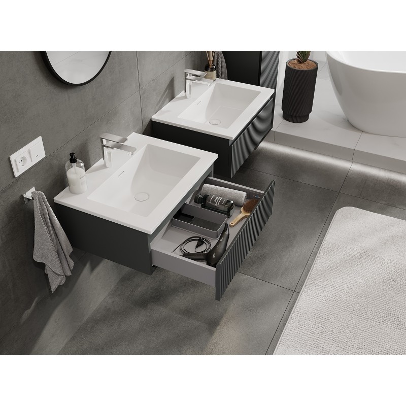 Mexen Rivel bathroom cabinet 60 cm with Otis washbasin, 1 drawer, fluted, graphite matt/white matt - 91A20-06023-1-BF66-W18M01