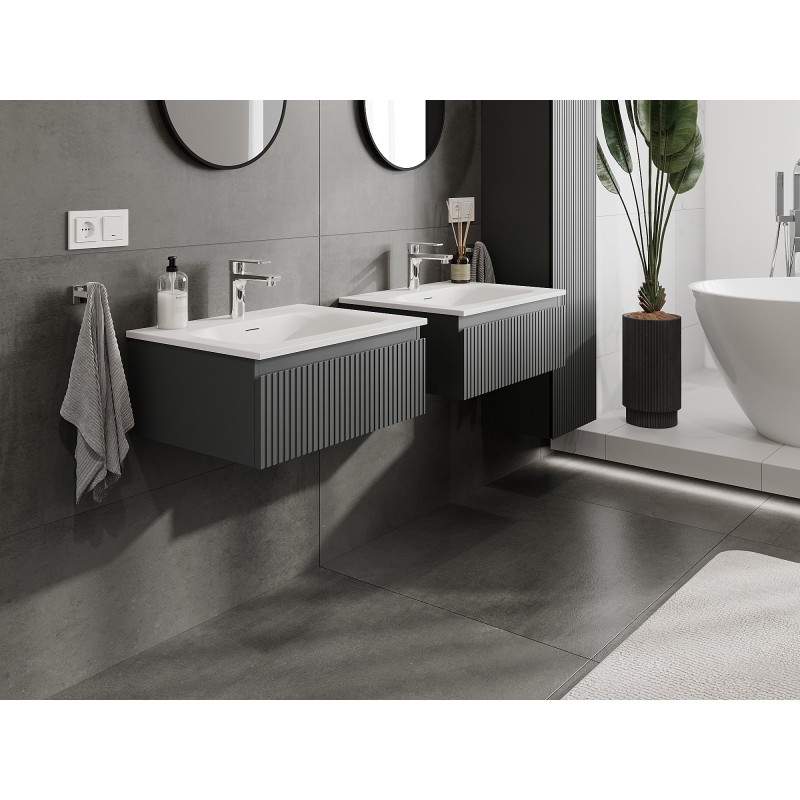 Mexen Rivel bathroom cabinet 60 cm with Vela sink, 1 drawer, ribbed, matte graphite/white matte - 91A20-06023-1-BF66-W23M01