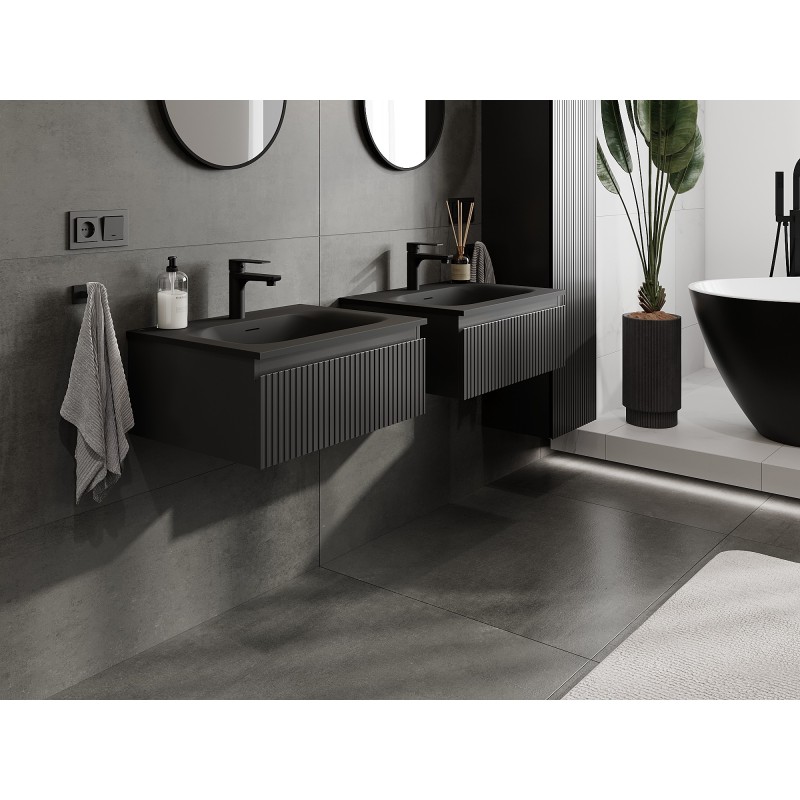 Mexen Rivel bathroom cabinet 60 cm with Vela washbasin, 1 drawer, fluted, black matte - 91A20-06023-1-BF71-W23M71