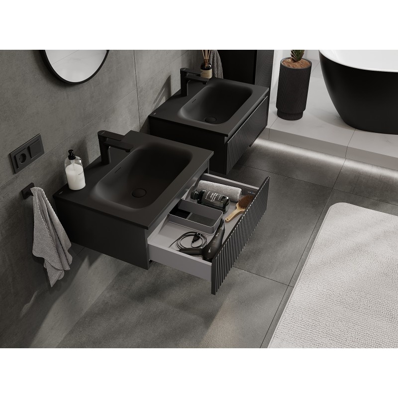 Mexen Rivel bathroom cabinet 60 cm with Vela washbasin, 1 drawer, fluted, black matte - 91A20-06023-1-BF71-W23M71