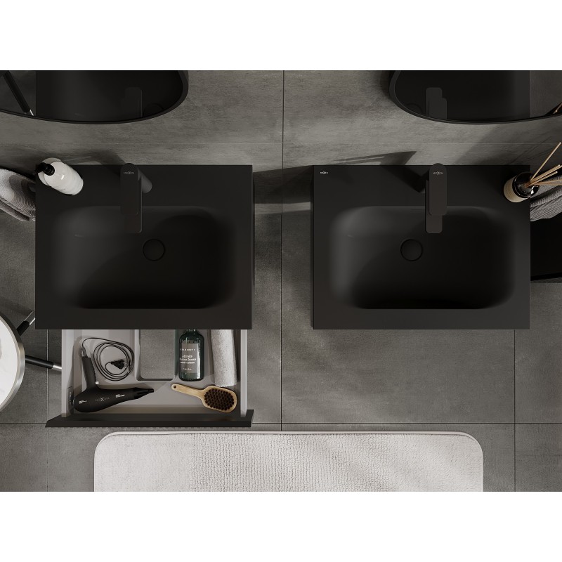 Mexen Rivel bathroom cabinet 60 cm with Vela washbasin, 1 drawer, fluted, black matte - 91A20-06023-1-BF71-W23M71