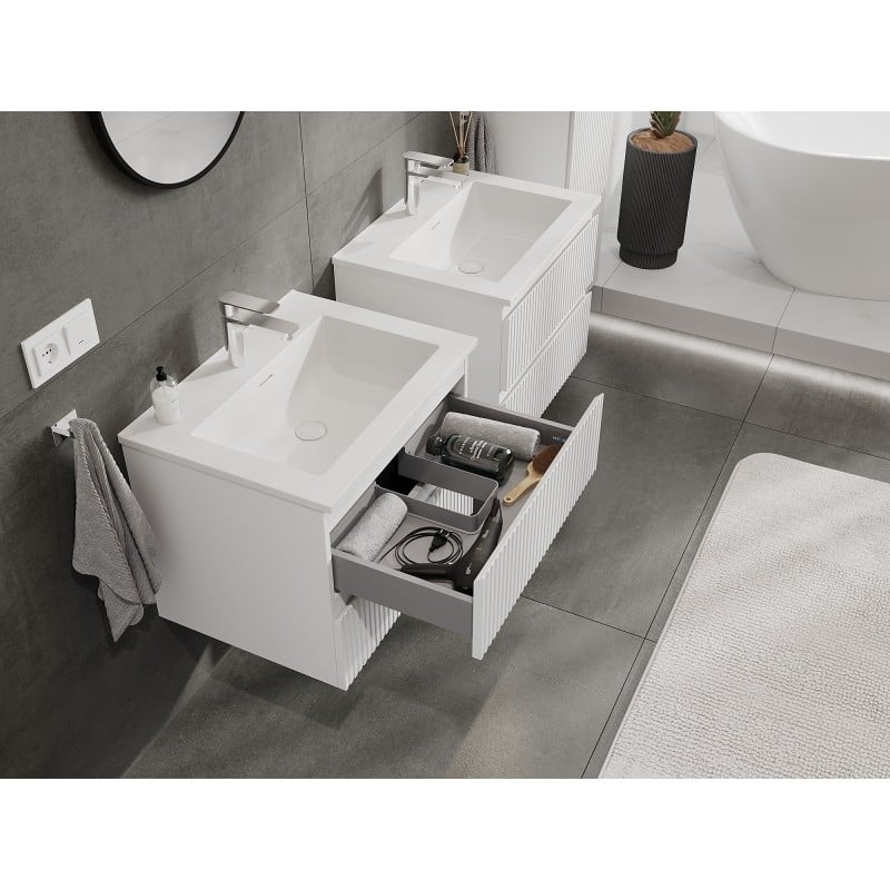 Mexen Rivel bathroom cabinet 60 cm with Otis sink, 2 drawers, fluted, white matt - 91A20-06047-2-BFF01-W18M01