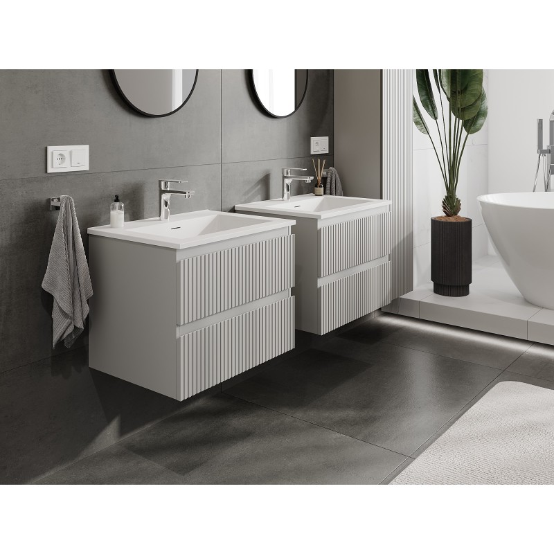 Mexen Rivel bathroom cabinet 60 cm with Otis washbasin, 2 drawers, grooved, gray matte/white matte - 91A20-06047-2-BFF62-W18M01