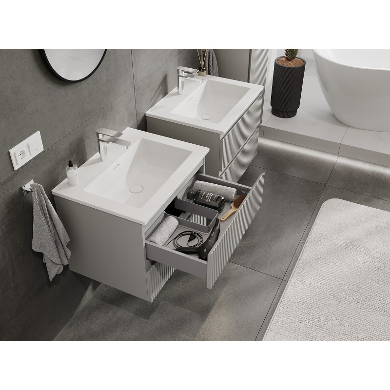 Mexen Rivel 60 cm Bathroom Cabinet with Otis Sink, 2 Drawers, Grooved, Gray Matte/White Matte - 91A20-06047-2-BFF62-W18M01