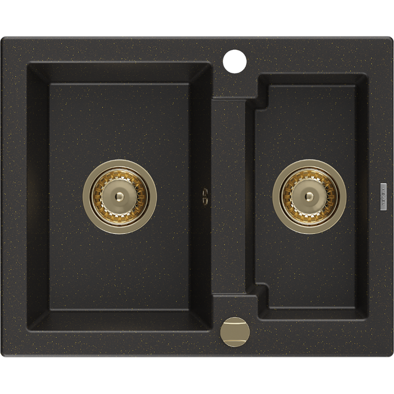 Mexen Carlos 1.5-compartment granite sink 582 x 475 mm, Black/Gold metallic, siphon Gold - 6518581500-75-G
