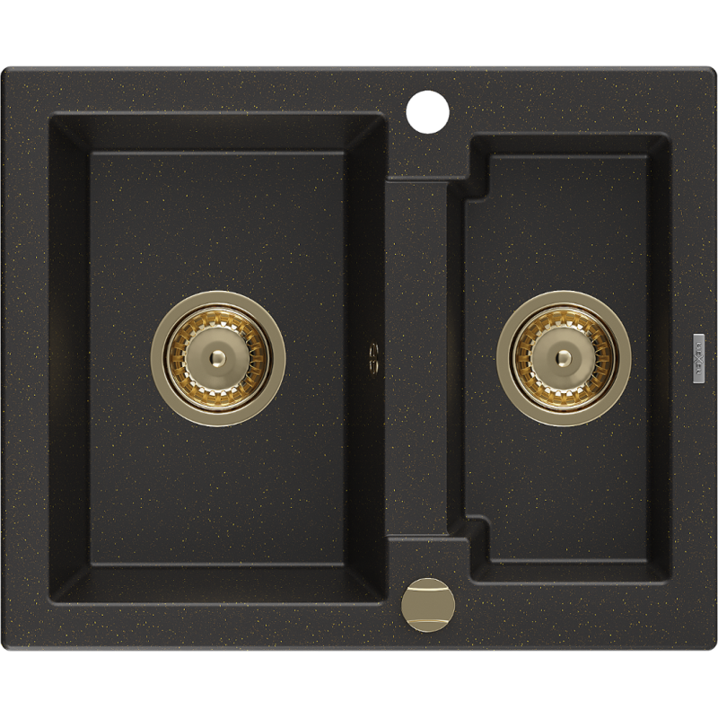 Mexen Carlos granite sink 1.5-bowl 582 x 475 mm, black/gold metallic, gold siphon - 6518581500-75-G