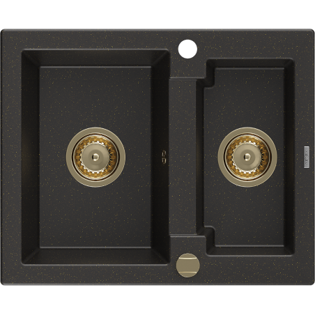 Mexen Carlos granite sink 1.5-bowl 582 x 475 mm, black/gold metallic, gold siphon - 6518581500-75-G