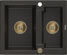 Mexen Carlos granite sink 1.5-bowl 582 x 475 mm, black/gold metallic, gold siphon - 6518581500-75-G
