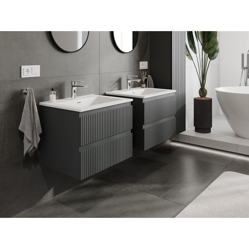 Mexen Rivel bathroom cabinet 60 cm with sink Otis, 2 drawers, fluted, graphite matte/white matte - 91A20-06047-2-BFF66-W18M0