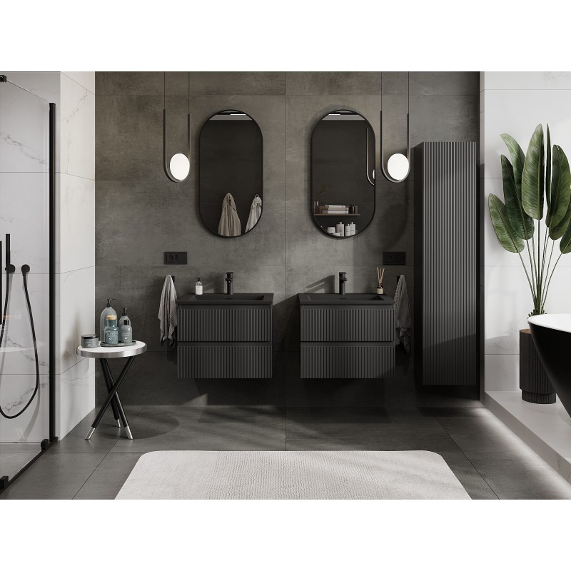 Mexen Rivel 60 cm Bathroom Cabinet with Otis Sink, 2 Drawers, Grooved, Black Matte - 91A20-06047-2-BFF71-W18M71