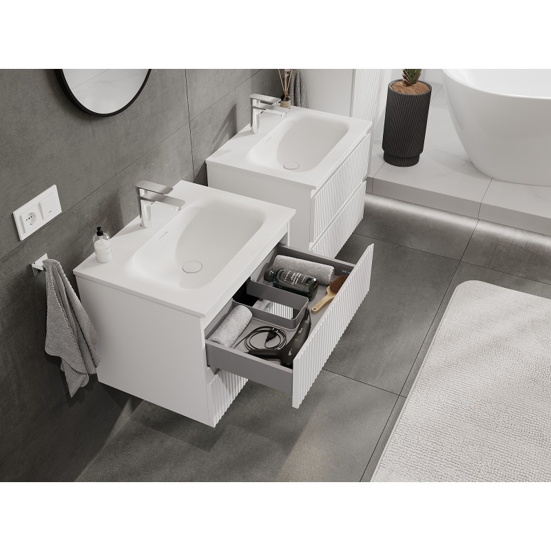 Mexen Rivel bathroom cabinet 60 cm with Vela washbasin, 2 drawers, grooved, white matte - 91A20-06047-2-BFF01-W23M01